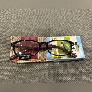 FOSTER GRANT dark purple readers + rectangle + case. NEW. +2.00